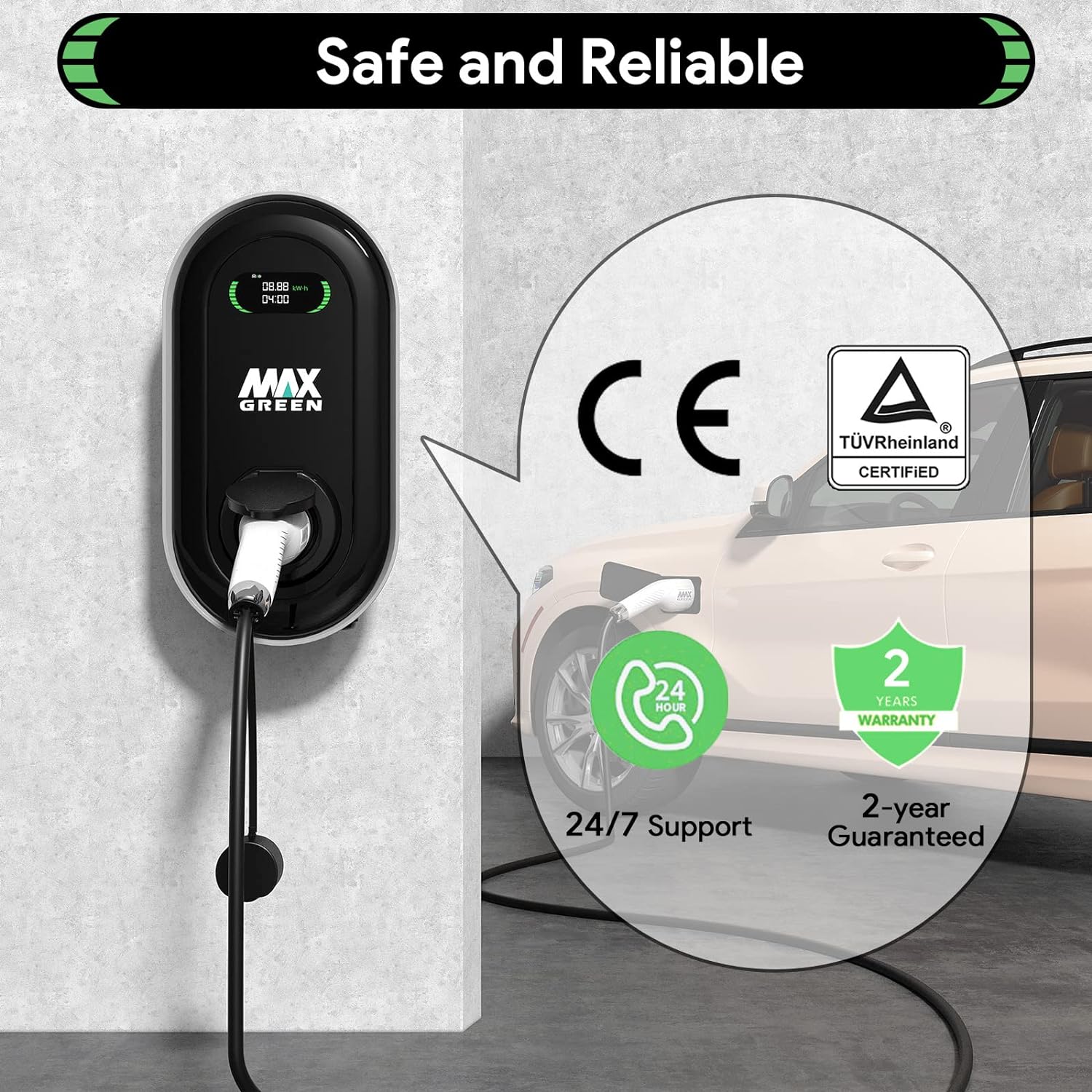 Type 2 EV Charger, 16 Amp 11kw Three Phase Electric Car Charger for Home, LCD Display, TUV Listed, EV Charging Box for EV PHEV